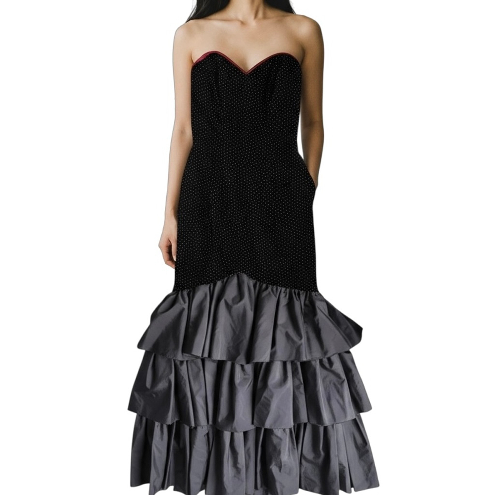 Vintage John Charles Velvet Polka Dot Mermaid Evening Gown Dress Cyprus SMALL